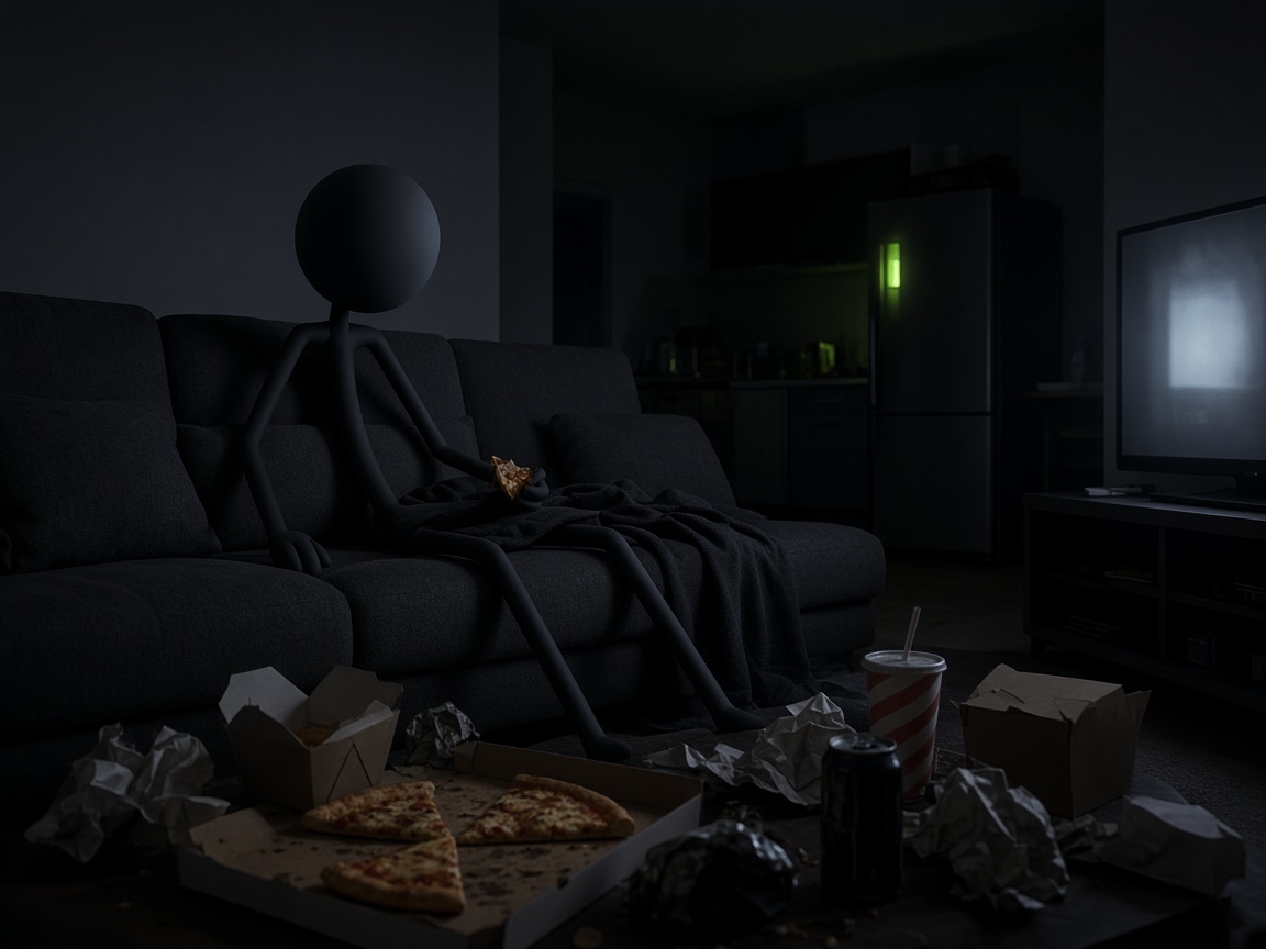 Stick figure on the couch with takeaway.