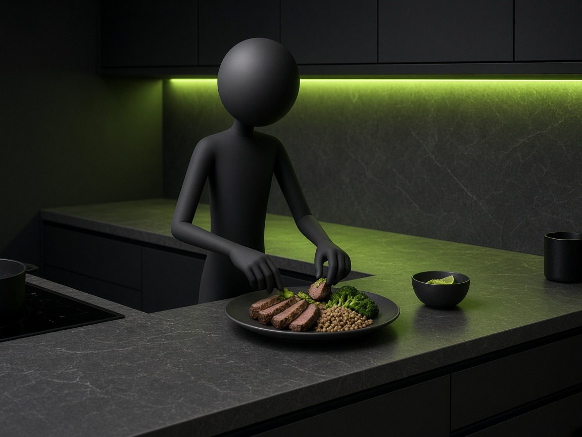 Stick figure plating a measured meal.