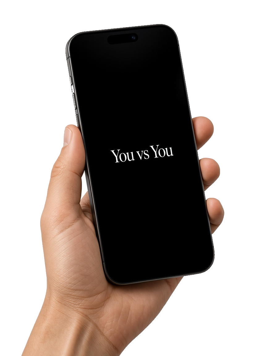 A hand holding a realistic iPhone with the You vs You logo on a black screen.
